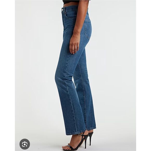 Express Blue Whiskered High Waisted 90's Bootcut Cotton Blended Jeans Size 12 - Picture 2 of 11